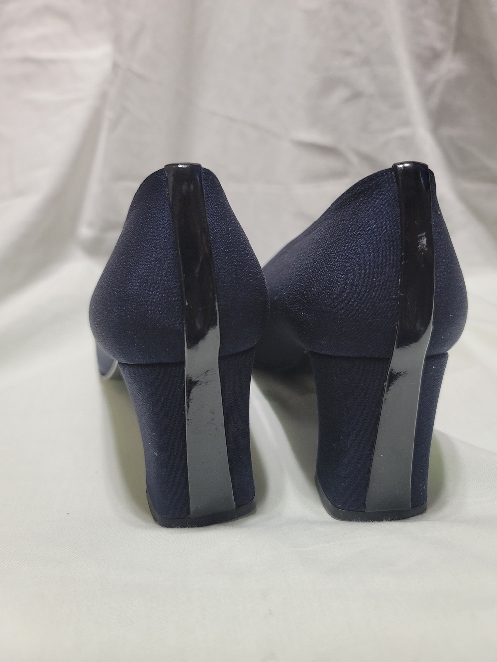 Stuart Weitzman Navy Blue Satin Square Toe Pumps, Size 7.5 B - Picture 3 of 10